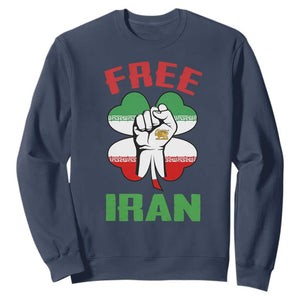 Free Iran Raised Fist and Persian Flag Clover Sweatshirt Lion and Sun Freedom Fighter Iranian Revolution TS02 Navy Print Your Wear