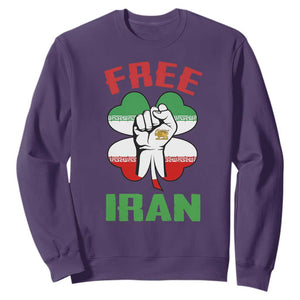 Free Iran Raised Fist and Persian Flag Clover Sweatshirt Lion and Sun Freedom Fighter Iranian Revolution TS02 Purple Print Your Wear