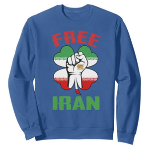 Free Iran Raised Fist and Persian Flag Clover Sweatshirt Lion and Sun Freedom Fighter Iranian Revolution TS02 Royal Blue Print Your Wear