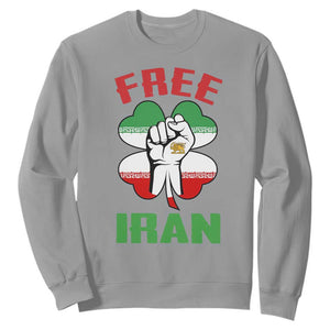 Free Iran Raised Fist and Persian Flag Clover Sweatshirt Lion and Sun Freedom Fighter Iranian Revolution TS02 Sport Gray Print Your Wear