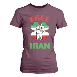 Free Iran Raised Fist and Persian Flag Clover T Shirt For Women Lion and Sun Freedom Fighter Iranian Revolution TS02 Maroon Print Your Wear