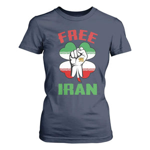 Free Iran Raised Fist and Persian Flag Clover T Shirt For Women Lion and Sun Freedom Fighter Iranian Revolution TS02 Navy Print Your Wear