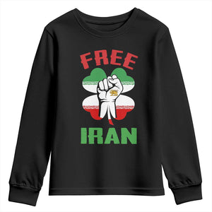 Free Iran Raised Fist and Persian Flag Clover Youth Sweatshirt Lion and Sun Freedom Fighter Iranian Revolution TS02 Black Print Your Wear