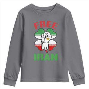 Free Iran Raised Fist and Persian Flag Clover Youth Sweatshirt Lion and Sun Freedom Fighter Iranian Revolution TS02 Charcoal Print Your Wear