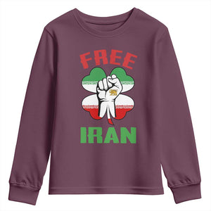 Free Iran Raised Fist and Persian Flag Clover Youth Sweatshirt Lion and Sun Freedom Fighter Iranian Revolution TS02 Maroon Print Your Wear