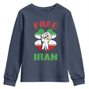 Free Iran Raised Fist and Persian Flag Clover Youth Sweatshirt Lion and Sun Freedom Fighter Iranian Revolution TS02 Navy Print Your Wear