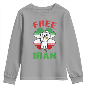 Free Iran Raised Fist and Persian Flag Clover Youth Sweatshirt Lion and Sun Freedom Fighter Iranian Revolution TS02 Sport Gray Print Your Wear