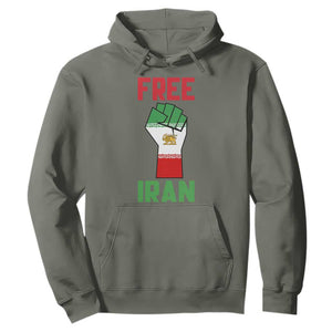 Free Iran Raised Fist Hoodie Persian Flag Lion and Sun Emblem Iranian Revolution TS02 Military Green Print Your Wear