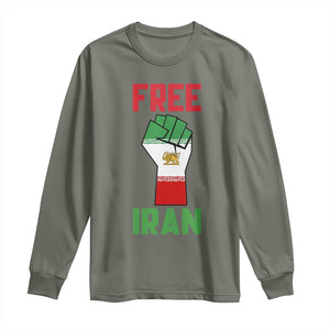 Free Iran Raised Fist Long Sleeve Shirt Persian Flag Lion and Sun Emblem Iranian Revolution TS02 Military Green Print Your Wear
