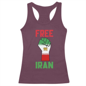 Free Iran Raised Fist Racerback Tank Top Persian Flag Lion and Sun Emblem Iranian Revolution TS02 Maroon Print Your Wear