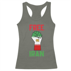 Free Iran Raised Fist Racerback Tank Top Persian Flag Lion and Sun Emblem Iranian Revolution TS02 Military Green Print Your Wear
