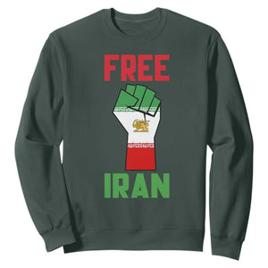 Free Iran Raised Fist Sweatshirt Persian Flag Lion and Sun Emblem Iranian Revolution TS02 Dark Forest Green Print Your Wear