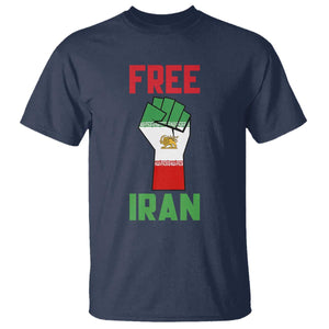 Free Iran Raised Fist T Shirt Persian Flag Lion and Sun Emblem Iranian Revolution TS02 Navy Print Your Wear