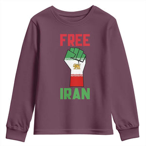 Free Iran Raised Fist Youth Sweatshirt Persian Flag Lion and Sun Emblem Iranian Revolution TS02 Maroon Print Your Wear