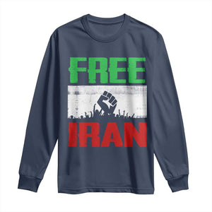 Free Iran Freedom Protest Long Sleeve Shirt Iranian Flag Raised Fist and Crowd Revolution TS02 Navy Print Your Wear