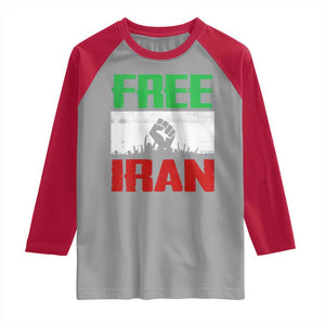 Free Iran Freedom Protest Raglan Shirt Iranian Flag Raised Fist and Crowd Revolution TS02 Sport Gray Red Print Your Wear
