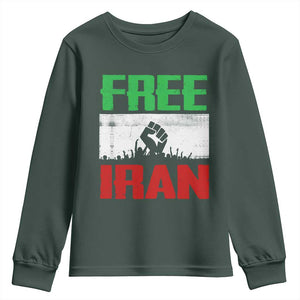 Free Iran Freedom Protest Youth Sweatshirt Iranian Flag Raised Fist and Crowd Revolution TS02 Dark Forest Green Print Your Wear