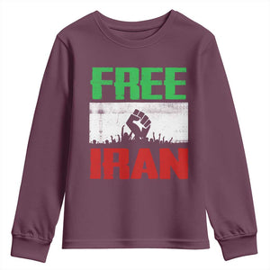 Free Iran Freedom Protest Youth Sweatshirt Iranian Flag Raised Fist and Crowd Revolution TS02 Maroon Print Your Wear