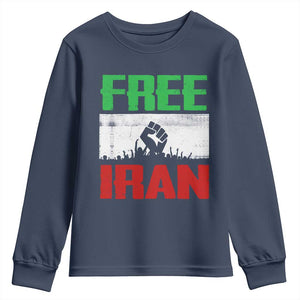 Free Iran Freedom Protest Youth Sweatshirt Iranian Flag Raised Fist and Crowd Revolution TS02 Navy Print Your Wear