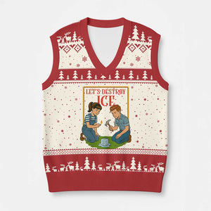 Let’s Destroy ICE V-Neck Knit Sweater Vest Retro Parody Protest with Satirical Childhood Graphic TS02 Beige Red Print Your Wear