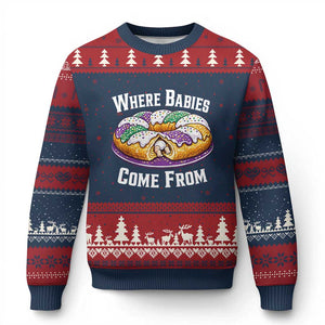 Funny Mardi Gras King Cake Ugly Christmas Sweater Where Babies Come From Louisiana Humor TS02 Navy Red Print Your Wear