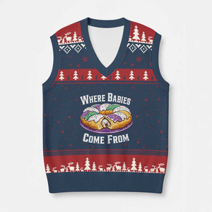 Funny Mardi Gras King Cake V-Neck Knit Sweater Vest Where Babies Come From Louisiana Humor TS02 Navy Red Print Your Wear