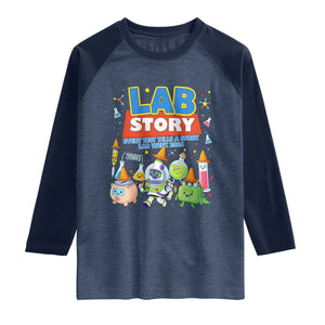 Lab Story Every Test Tells a Story Lab Week 2026 Raglan Shirt Science Characters Lab Techs Medical Laboratory TS02 Heather Denim Navy Print Your Wear
