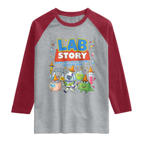 Lab Story Every Test Tells a Story Lab Week 2026 Raglan Shirt Science Characters Lab Techs Medical Laboratory TS02 Heather Gray Heather Red Print Your Wear