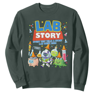 Lab Story Every Test Tells a Story Lab Week 2026 Sweatshirt Science Characters Lab Techs Medical Laboratory TS02 Dark Forest Green Print Your Wear