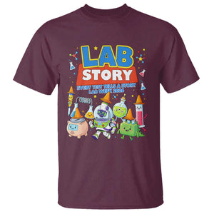Lab Story Every Test Tells a Story Lab Week 2026 T Shirt Science Characters Lab Techs Medical Laboratory TS02 Maroon Print Your Wear