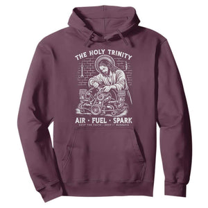 Funny Mechanic Jesus Holy Trinity Air Fuel Spark Hoodie Christian Car Lover Humor Gift for Gearheads TS02 Maroon Print Your Wear