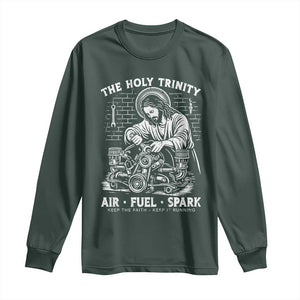Funny Mechanic Jesus Holy Trinity Air Fuel Spark Long Sleeve Shirt Christian Car Lover Humor Gift for Gearheads TS02 Dark Forest Green Print Your Wear