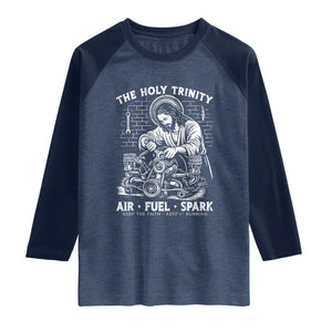 Funny Mechanic Jesus Holy Trinity Air Fuel Spark Raglan Shirt Christian Car Lover Humor Gift for Gearheads TS02 Heather Denim Navy Print Your Wear