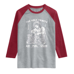 Funny Mechanic Jesus Holy Trinity Air Fuel Spark Raglan Shirt Christian Car Lover Humor Gift for Gearheads TS02 Heather Gray Heather Red Print Your Wear
