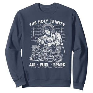 Funny Mechanic Jesus Holy Trinity Air Fuel Spark Sweatshirt Christian Car Lover Humor Gift for Gearheads TS02 Navy Print Your Wear