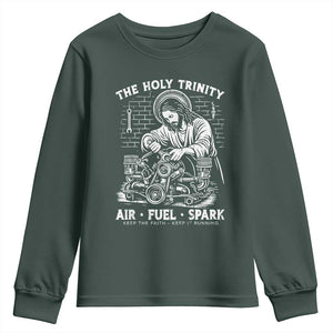 Funny Mechanic Jesus Holy Trinity Air Fuel Spark Youth Sweatshirt Christian Car Lover Humor Gift for Gearheads TS02 Dark Forest Green Print Your Wear