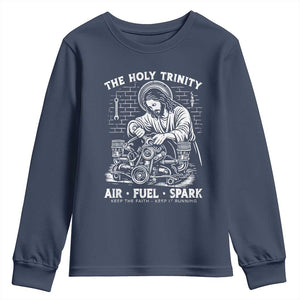 Funny Mechanic Jesus Holy Trinity Air Fuel Spark Youth Sweatshirt Christian Car Lover Humor Gift for Gearheads TS02 Navy Print Your Wear