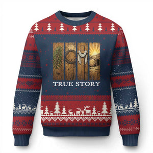 Christian Easter True Story Resurrection Scene Vintage Ugly Christmas Sweater Faith Based Jesus Empty Tomb Gift for Believers TS02 Navy Red Print Your Wear