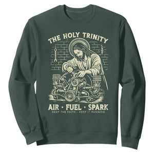 Funny Mechanic Jesus Holy Trinity Air Fuel Spark Vintage Sweatshirt Christian Car Lover Humor Gift for Gearheads TS02 Dark Forest Green Print Your Wear