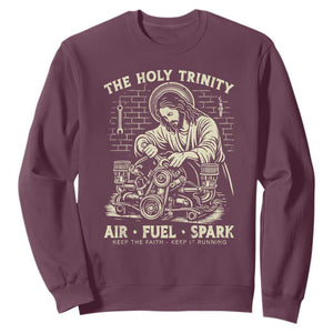 Funny Mechanic Jesus Holy Trinity Air Fuel Spark Vintage Sweatshirt Christian Car Lover Humor Gift for Gearheads TS02 Maroon Print Your Wear