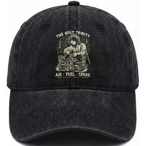 Funny Mechanic Jesus Holy Trinity Air Fuel Spark Vintage Washed Cotton Baseball Cap Christian Car Lover Humor Gift for Gearheads