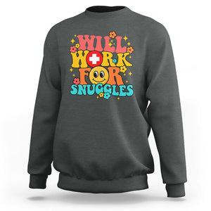 NICU Nurse Sweatshirt Will Work For Snuggles Labor & Delivery Life Retro Groovy TS02 Dark Heather Printyourwear