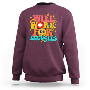 NICU Nurse Sweatshirt Will Work For Snuggles Labor & Delivery Life Retro Groovy TS02 Maroon Printyourwear