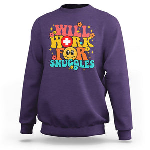 NICU Nurse Sweatshirt Will Work For Snuggles Labor & Delivery Life Retro Groovy TS02 Purple Printyourwear