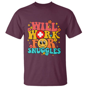 NICU Nurse T Shirt Will Work For Snuggles Labor & Delivery Life Retro Groovy TS02 Maroon Printyourwear