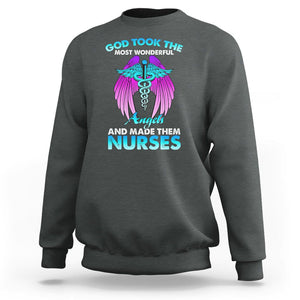 Proud Nurse Sweatshirt God Took The Most Wonderful Angels And Made Them Nurses Empowering Caregivers TS02 Dark Heather Printyourwear