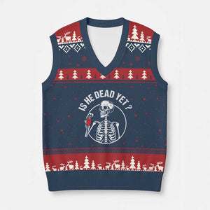 Is He Dead Yet Subtle FDT V-Neck Knit Sweater Vest Funny Skeleton Drinking Coffee TS02 Navy Red Print Your Wear