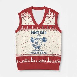 Funny Workout Silly Goose V-Neck Knit Sweater Vest Today I'm A Serious Goose Lifting Weights Gym TS02 Beige Red Print Your Wear