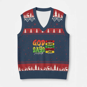 God Says I Am V-Neck Knit Sweater Vest Juneteenth Faith Black Excellence Affirmation Pan-African Colors TS02 Navy Red Print Your Wear