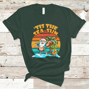 Tis The Sea-Sun Santa Beach Summer Season Christmas In July T Shirt TS02 Dark Forest Green Printyourwear